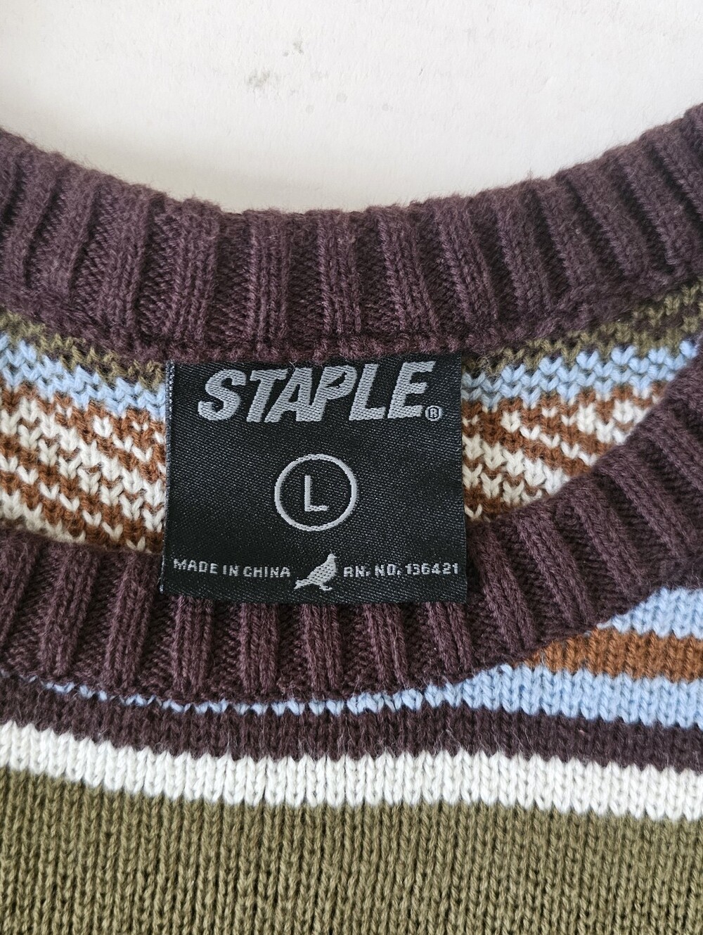 Staple Pigeon Macdougal Sweater Size L Olive Green Crew Neck Stripe Knit Mens - Picture 9 of 11